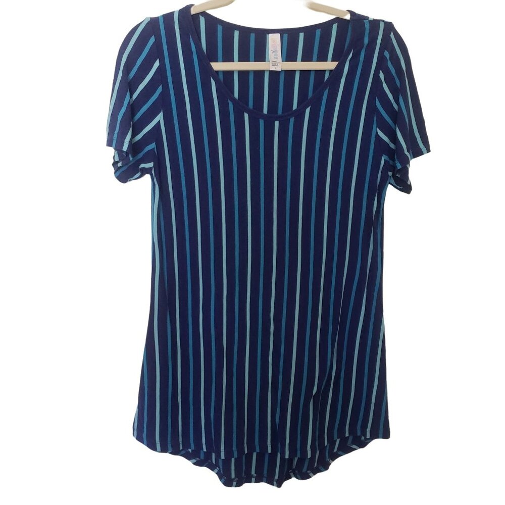 LuLaRoe Patrick Top Womens Size S Blue White Striped High Low Hem Tunic Tee